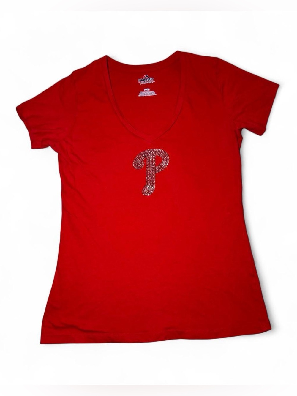 Red Majestic Athletic Philadelphia Phillies baseball rhinestone logo t-shirt M🐚